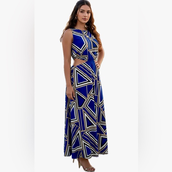 Banana Republic Cut Out Midi Dress Lazuli Blue Sleeveless Geo Mod Print M